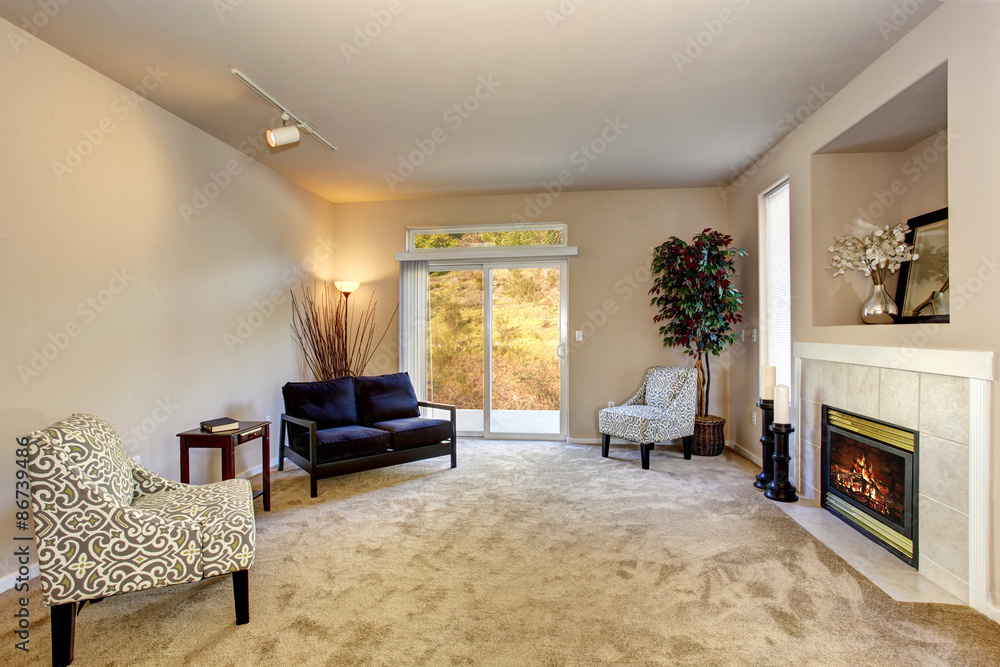 present day living room with carpet and fireplace. present day living room with carpet and fireplace.