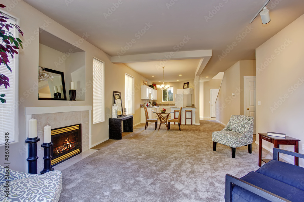 present day living room with carpet and fireplace. present day living room with carpet and fireplace.