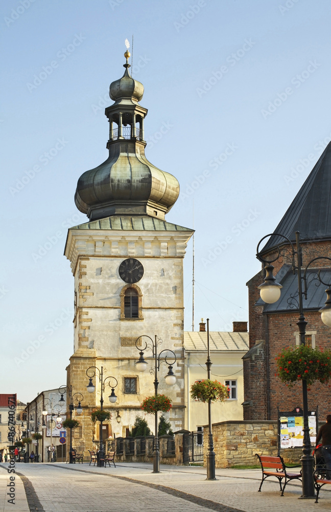 Clock tower on Pilsudski street in Krosno. Poland Clock tower on Pilsudski street in Krosno. Poland