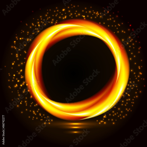 Vector illustration of fire flame in circular frame background. Dark gold metal round background. Luxury circle background. Gold on black. Shiny gold vector illustration
