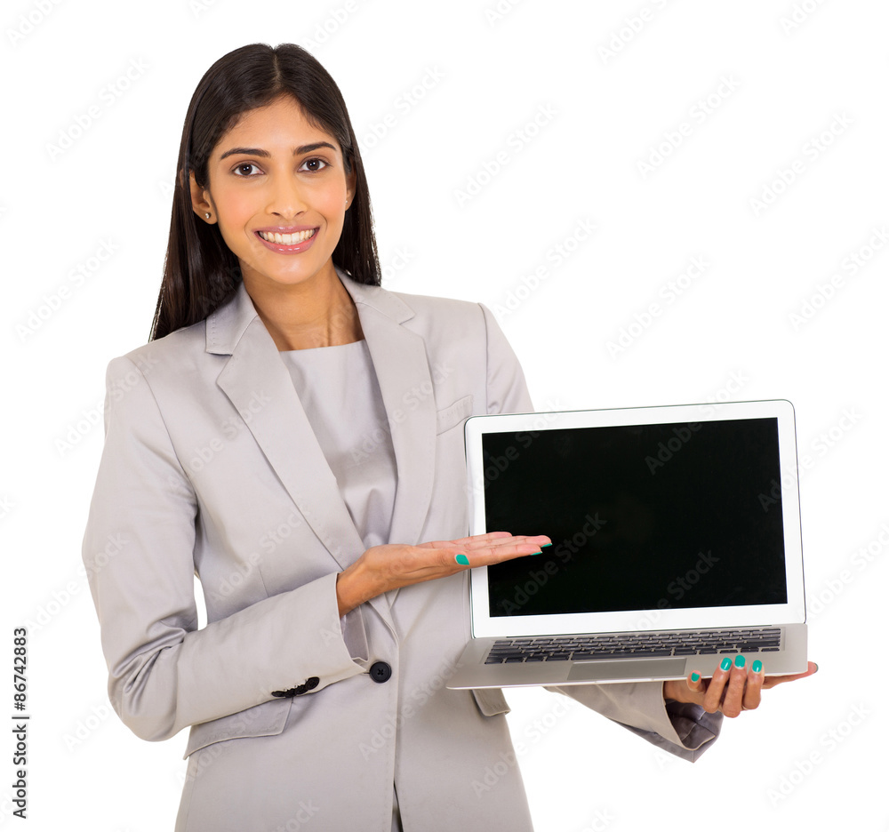young business woman presenting laptop computer young business woman presenting laptop computer