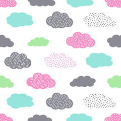 Colorful seamless pattern with clouds for kids holidays. Cute baby shower vector background. Child drawing style illustration.
