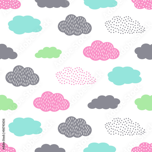 Colorful seamless pattern with clouds for kids holidays. Cute baby shower vector background. Child drawing style illustration.