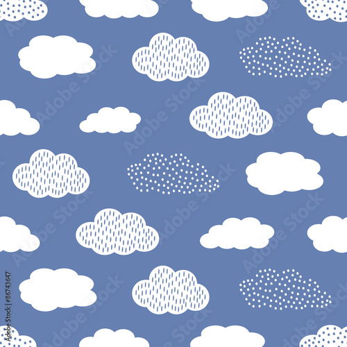 Canvas Print Seamless pattern with white clouds on blue background.