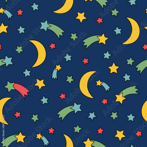 Seamless night sky pattern. Comic background with stars, comet, moon, meteorite. Cute child drawing style sky vector illustration.