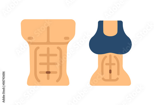 Stylized flat vector illustration of male and female torso with defined abdominals.