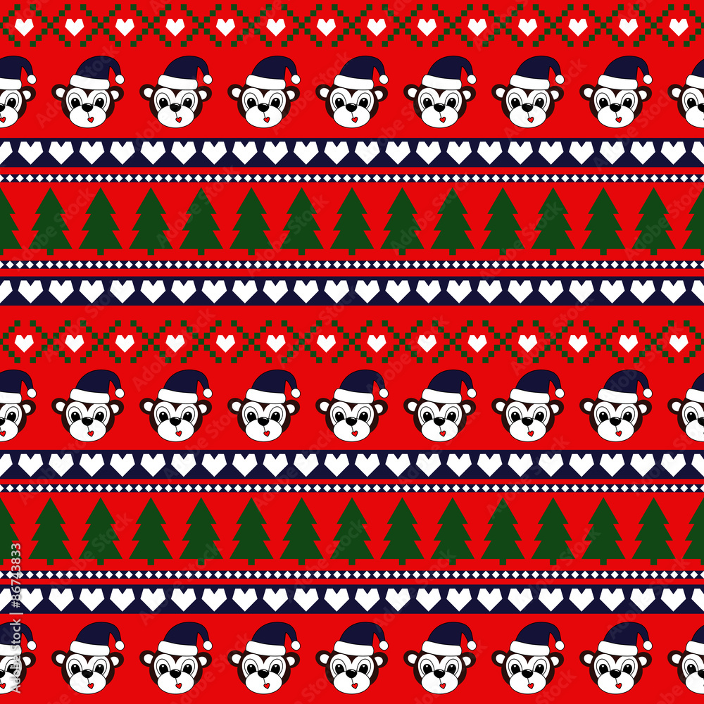 Cute background for winter holidays with cartoon monkeys - new year symbol , hearts, Christmas Trees.Seamless vector pattern with Christmas decorations. Xmas traditional ornamental pattern. Cute background for winter holidays with cartoon monkeys - new year symbol , hearts, Christmas Trees.Seamless vector pattern with Christmas decorations. Xmas traditional ornamental pattern.