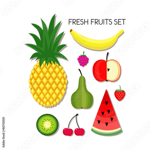 Set of fresh healthy fruits made in flat style. Healthy lifestyle or diet vector design element. Organic farm illustration.