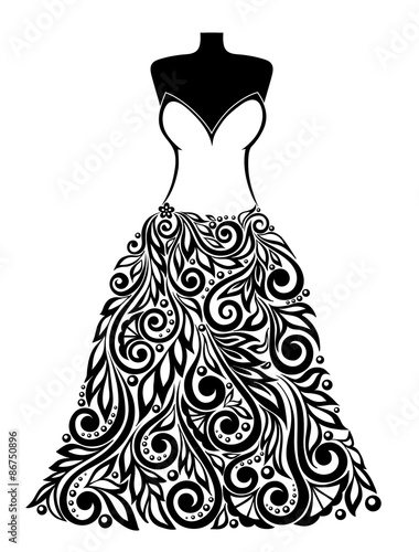 Silhouette of a beautiful dress with a floral element. Can be used for decoration of wedding cards.