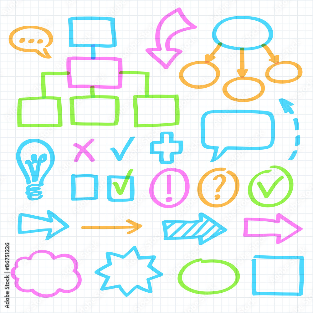 Graphism Symbol Set of graphic elements, hand drawn with colorful highlighter markers ...