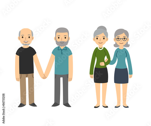 Two happy senior gay couples isolated on white background. Older men and women in casual clothes holding hands. Simple and cute cartoon style.