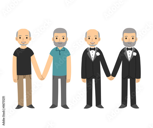 Happy senior gay couple isolated on white background. Older men holding hands, in wedding tuxedos and casual clothes. Simple and cute cartoon style.