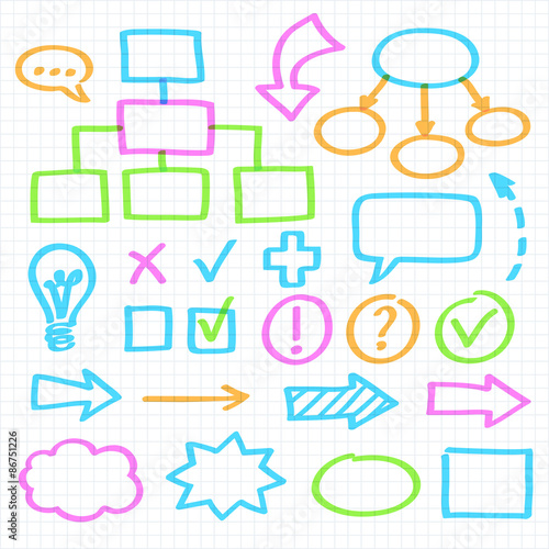 Set of graphic elements, hand drawn with colorful highlighter markers on squared notebook paper. Arrows, flowcharts and other symbols to mix and match in different ways.
