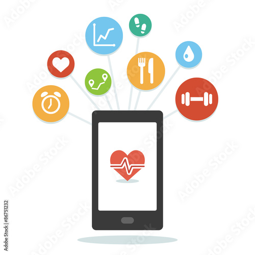 Health monitoring smartphone app with various wellness icons. Simple and modern flat vector style.