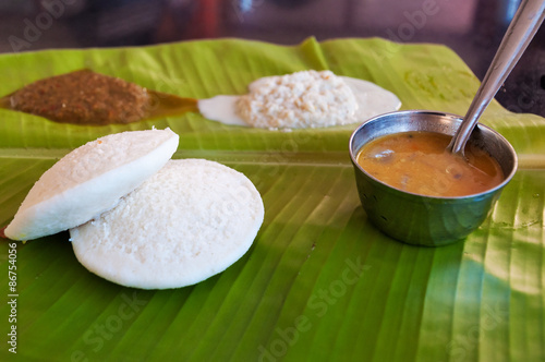 Indian breakfast Idli on palm leaf