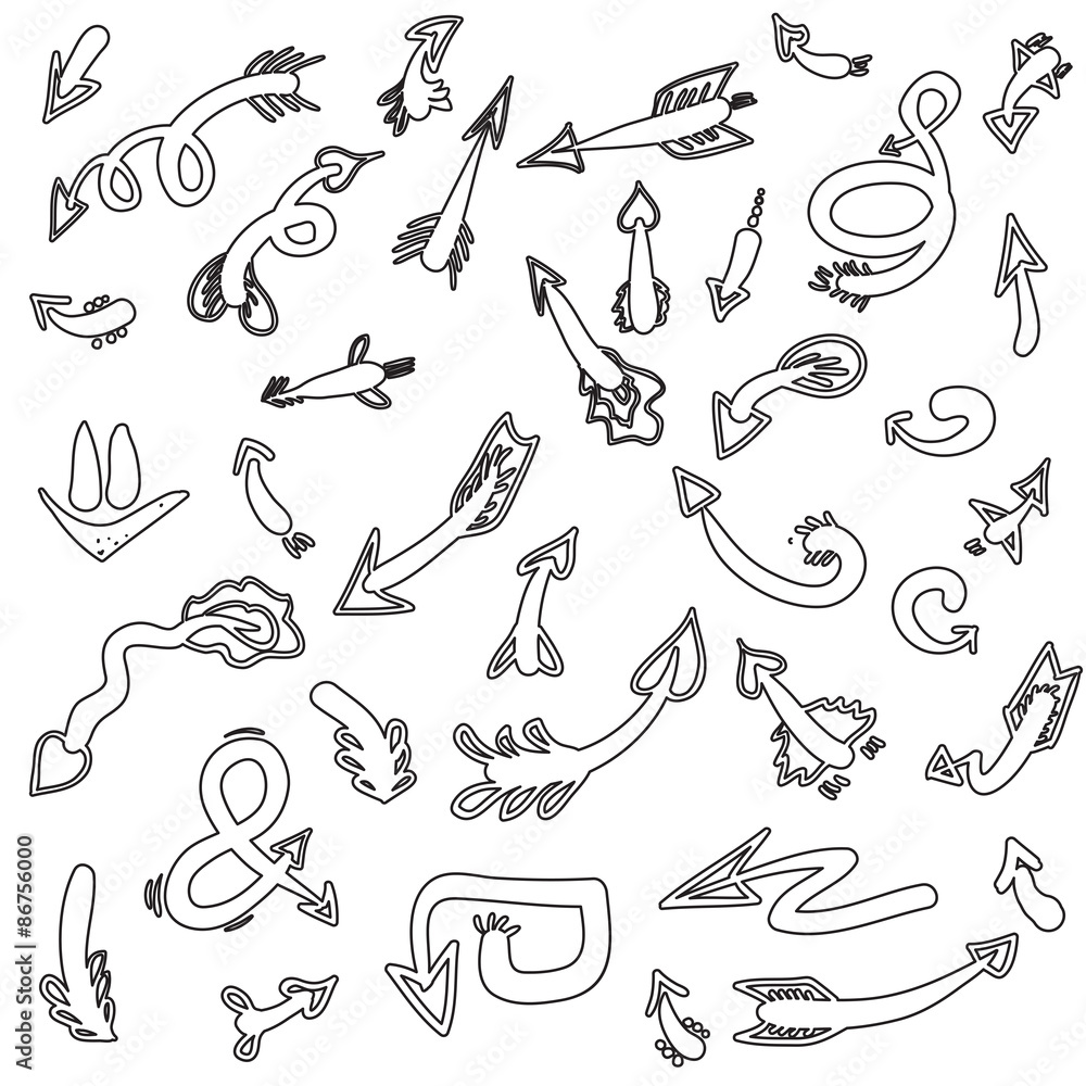Set of outline, universal arrows symbols, thin, black on white background.