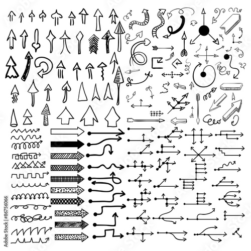 Doodle arrow icons set with spiral, square, circle and triangle