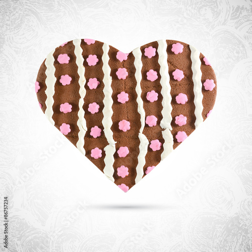 Plasticine heart shaped valentine chocolate cookie, gingerbread with white cream stripes and pink sugar candy or frosting and sprinkles, made of play doh, modeling clay, isolated vector