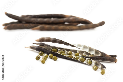 close up green beans on the pod on white background