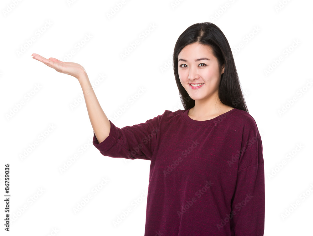 Asian woman showing open hand palm Asian woman showing open hand palm