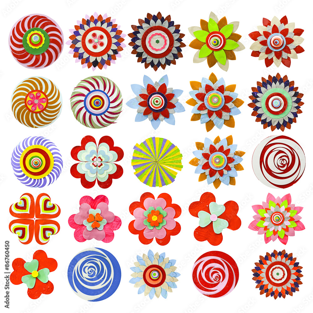 Set of flat flower icons made of paper, isolated on white.