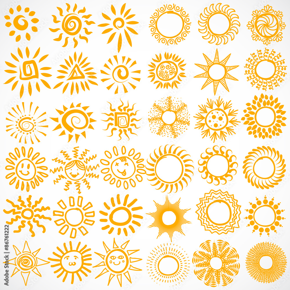 Set of vector icons. Hand drawn doodle suns. 36 items collection Set of vector icons. Hand drawn doodle suns. 36 items collection