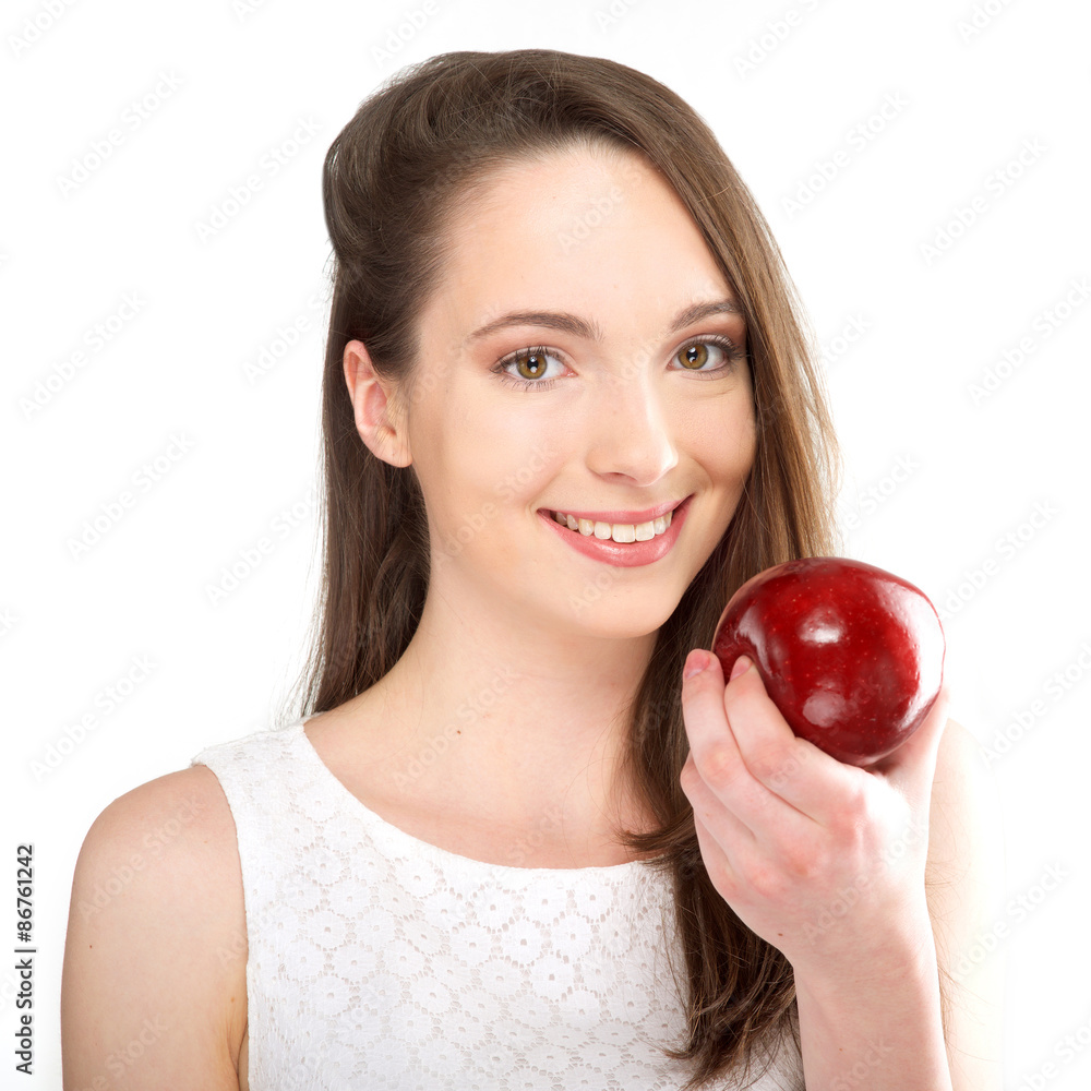 isolated a beautiful girl with apple on white background isolated a beautiful girl with apple on white background