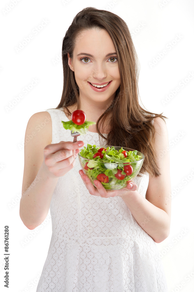 isolated a beautiful girl with salad on white background isolated a beautiful girl with salad on white background