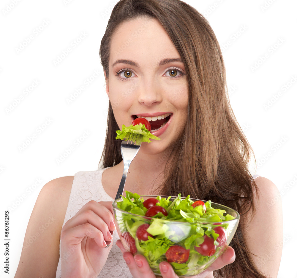 isolated a beautiful girl with salad on white background isolated a beautiful girl with salad on white background