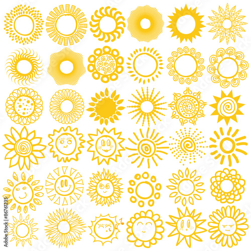 Hand drawn set of different suns isolated. Vector illustration.