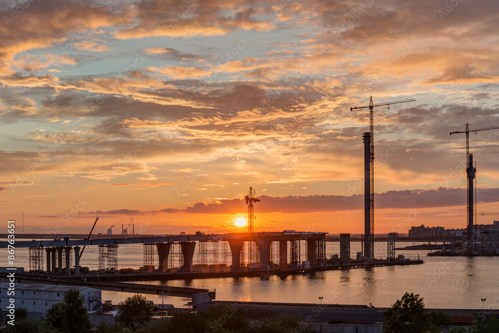 sunset over the building site