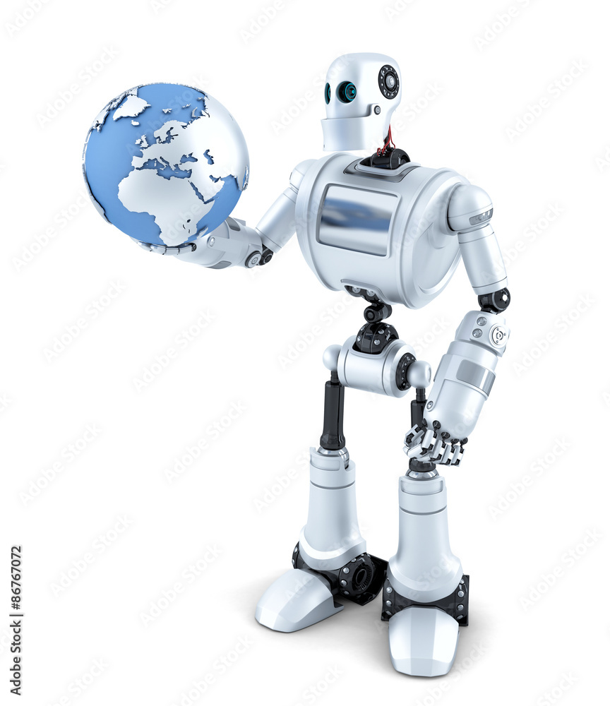 Robot holds earth globe. Technology concept. Isolated. Contains clipping path Robot holds earth globe. Technology concept. Isolated. Contains clipping path