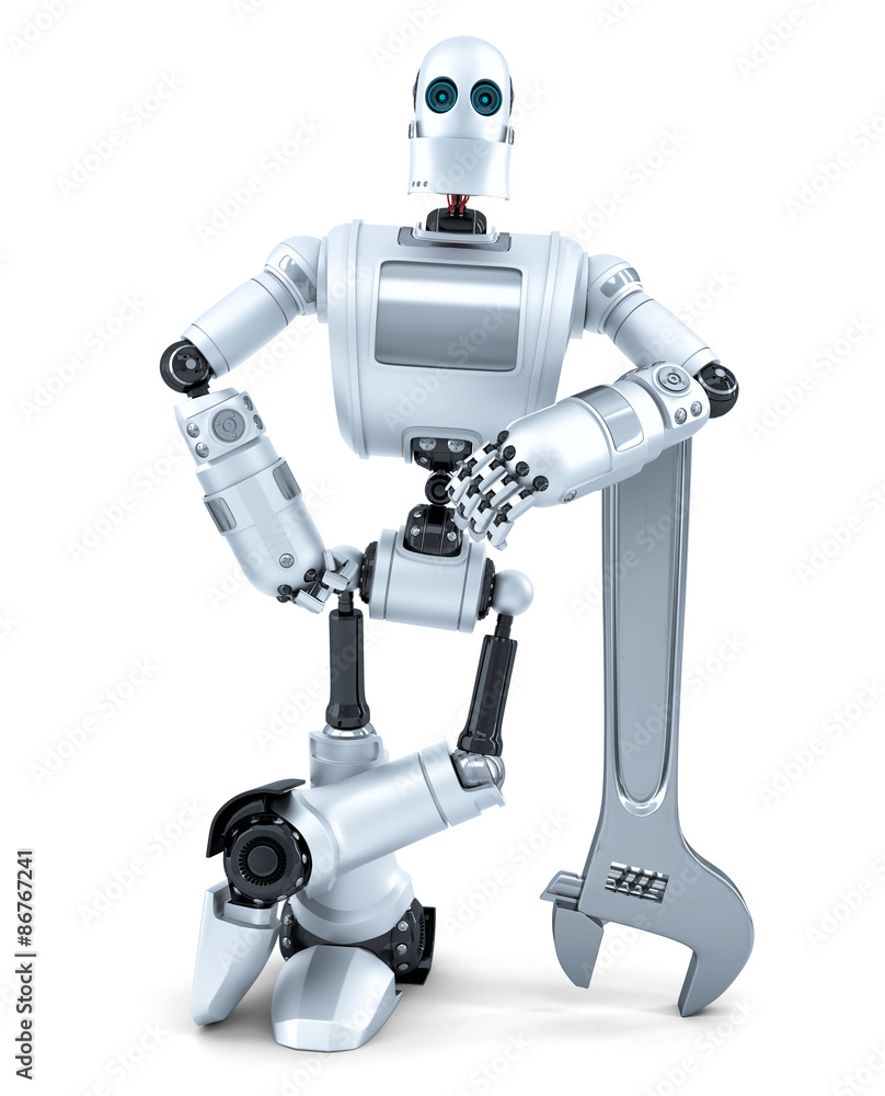 Robot with wrench. Technology concept. Isolated. Contains clipping path Robot with wrench. Technology concept. Isolated. Contains clipping path