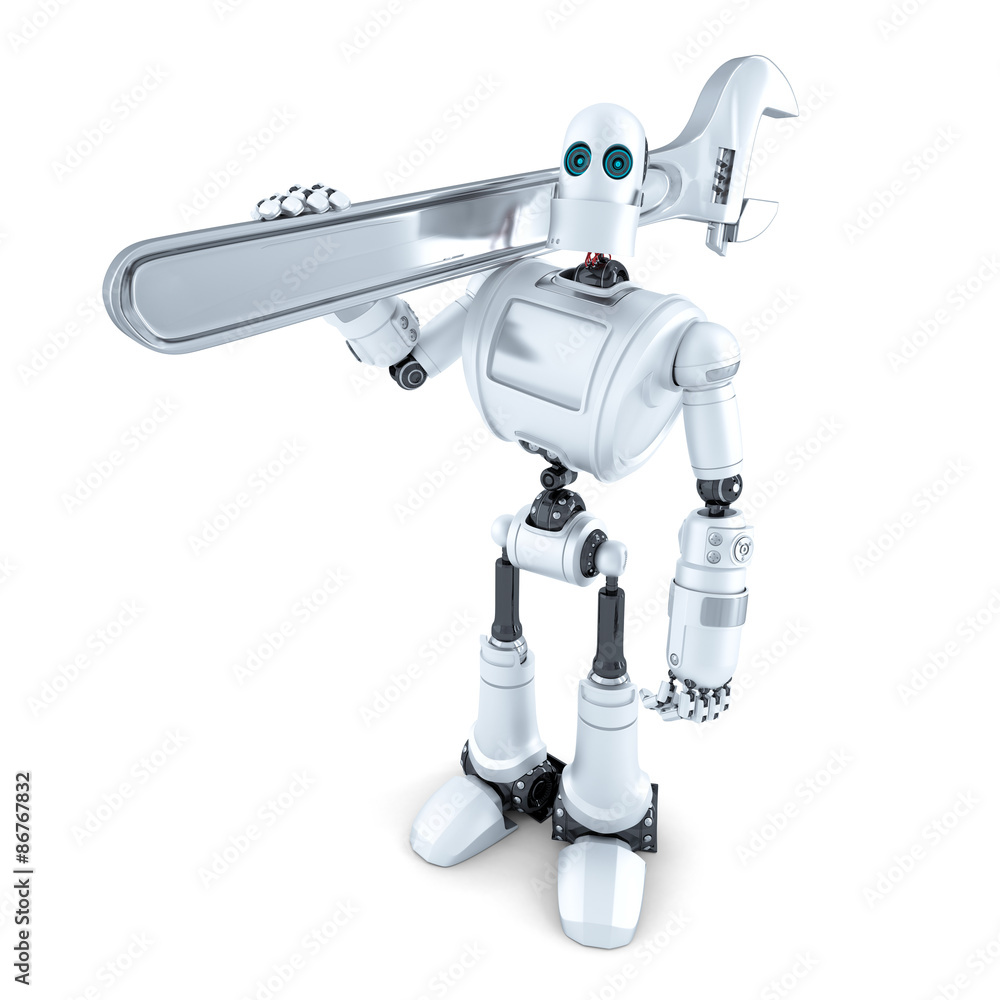 Robot with adjustable wrench. Isolated. Contains clipping path Robot with adjustable wrench. Isolated. Contains clipping path