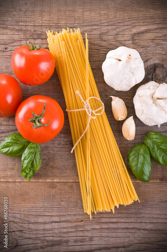 Pasta, tomatoes, garlic and basil. 