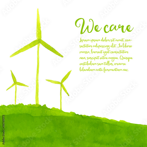 Green eco background with hand painted wind turbines on the hill