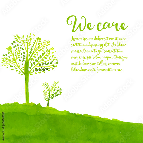 Green eco background with hand painted trees, grass and text we