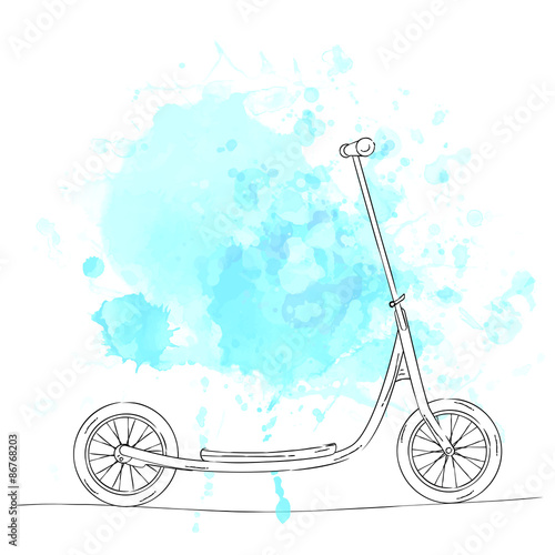 Hand drawn sketch kickscooter on blue watercolor splash.