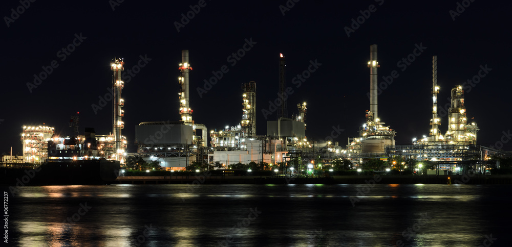 Oil refinery plant illuminated at night