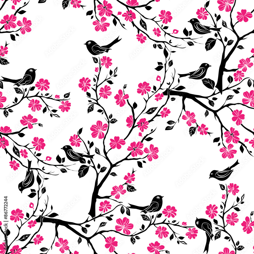 Fototapeta premium Twig cherry blossoms. Seamless
