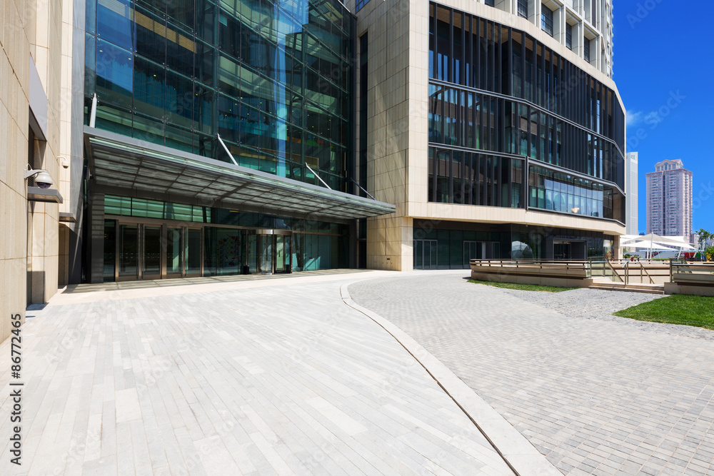 modern building exterior with brick road floor modern building exterior with brick road floor