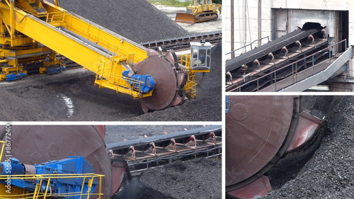 Wheel excavator for digging the coal and transport to power plant, montage photo