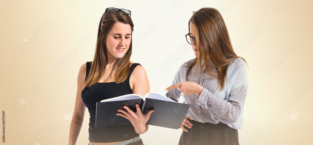 Twin sisters showing a book Twin sisters showing a book