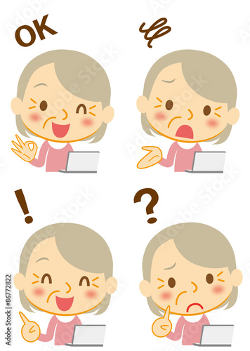 表情　ノートパソコンを使うお婆ちゃん