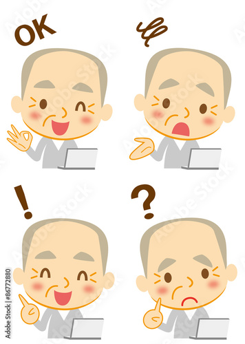 表情　ノートパソコンを使うお爺ちゃん