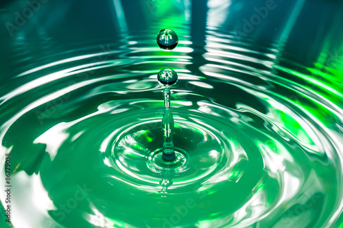 Goccia d'acqua che cade generando cerchi concentrici e riflessi colorati.