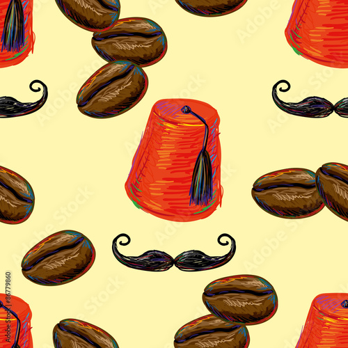 Turkish seamless pattern with fez, mustache and coffee beans . Tiled background with oriental ornament. Turkish coffee. Vector illustration