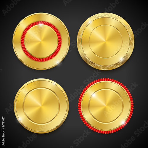 Best golden metal badges set. Round blanc gold medals or emblems