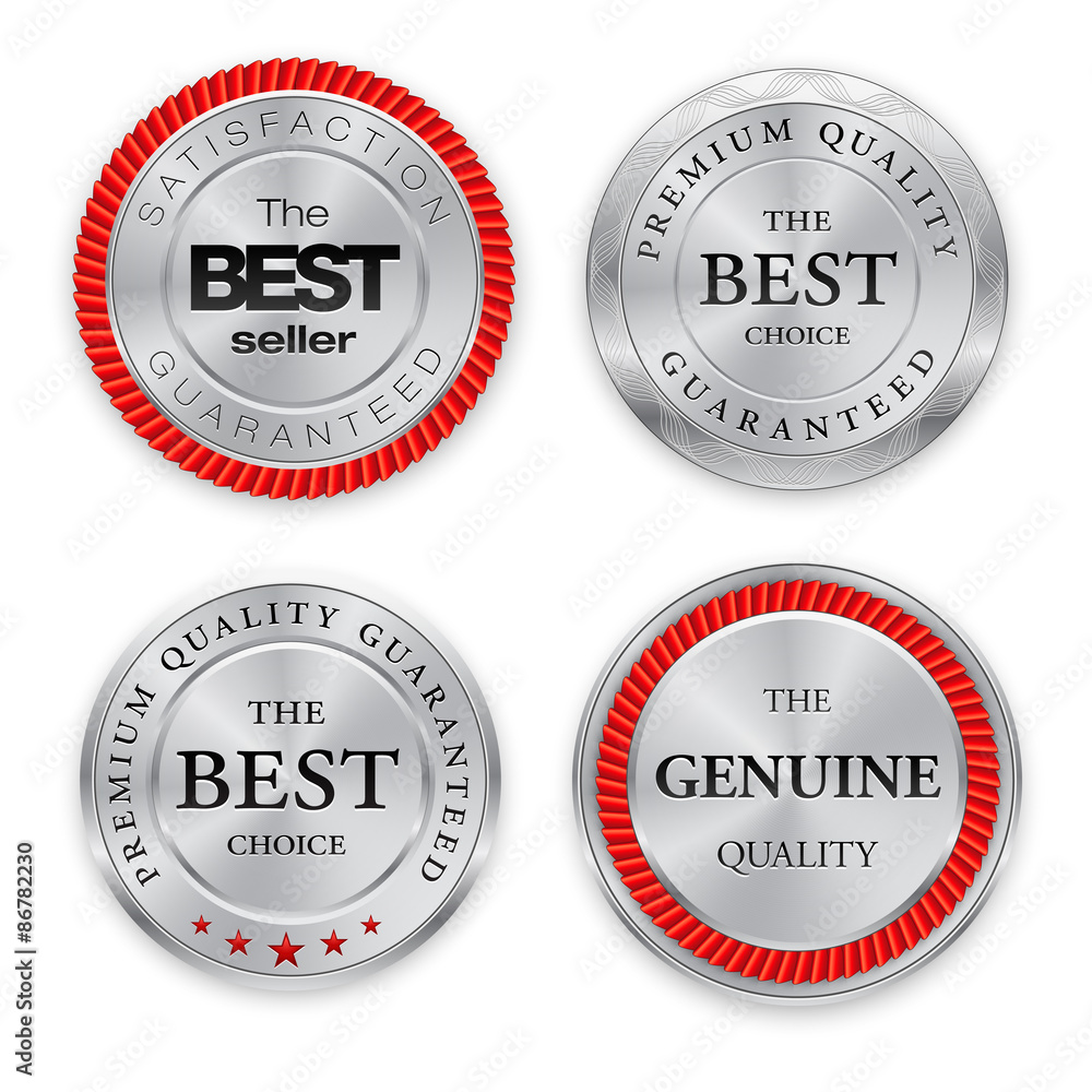 Best silver badges set. Round metal medal or emblems with text. Best silver badges set. Round metal medal or emblems with text.