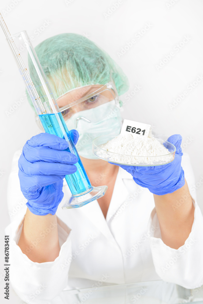 Researcher with food and preservatives Researcher with food and preservatives